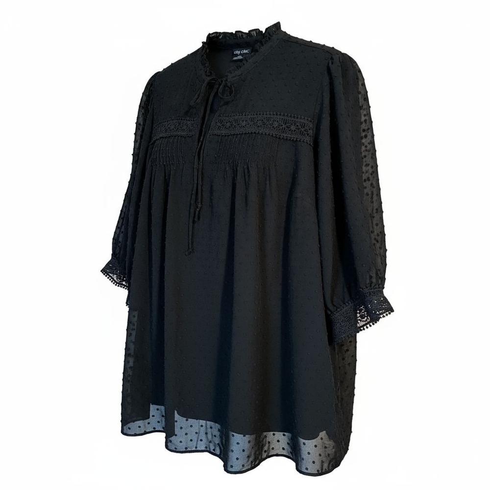 City Chic Black Textured Blouse with Lace Trim